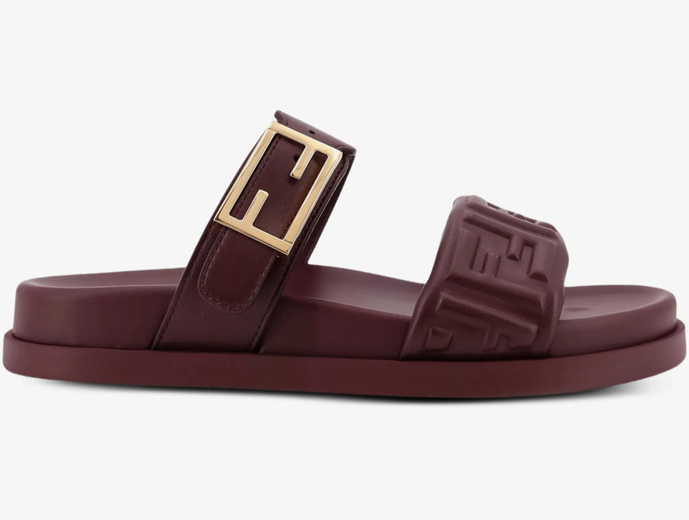 Fendi Feel Slide Plum Embossed Leather FF Baguette Logo Mule Flat Sandal 36.5